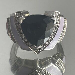 Sterling Silver, Enamel & Onyx ring - size 7